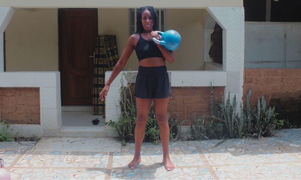 An image demonstrating a kettlebell move called the Racked hold